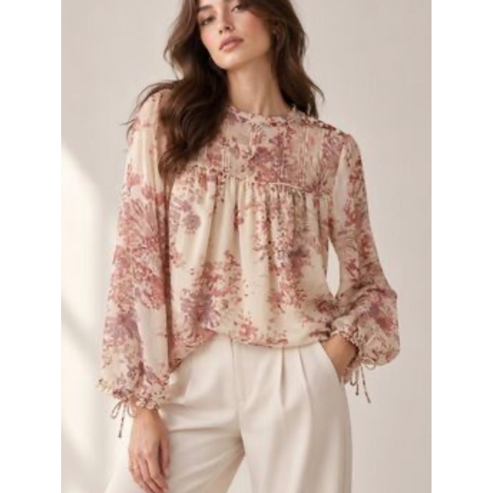 Wilfred Aritzia Floral Pintuck Flowy Chiffon Blouse Mauve Cream Button Detail M